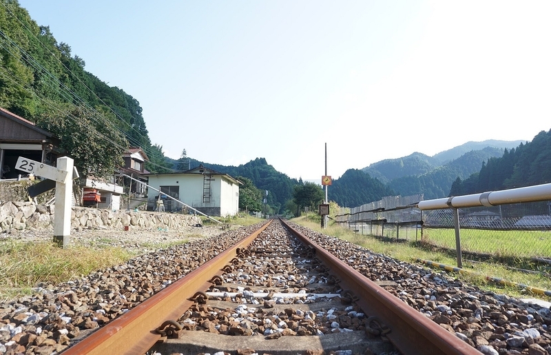 彦山駅南側の線路。左にある勾配標は25パーミルの勾配を示す。鉄道としては急勾配