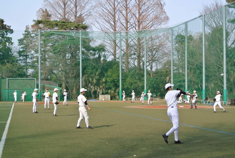 校内にある人工芝のグラウンドで練習に励む早大学院野球部の選手たち。平日は75メートル×120メートルの半分を使用している（筆者撮影）