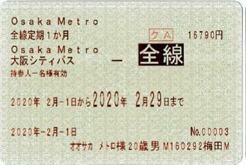 共通全線定期券の様式。「持参人一名様有効」に加え、記名人（オオサカ　メトロ様）も載る。大阪メトロの旅客営業規則より