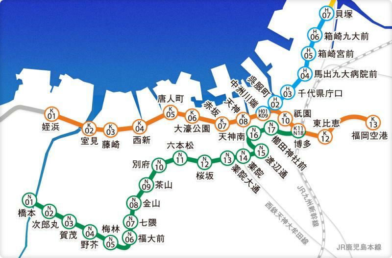 福岡市地下鉄の路線図。緑色が七隈線で天神南-博多間が2023年3月27日に開業した。オレンジ色は空港線、青色は箱崎線だ。福岡市交通局のホームページより