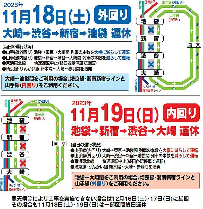 11月18日、19日に予定される状況を示したJR東日本のパンフレット。悪天候の場合、12月16日・17日に延期されるが、その場合も一部区間で終日運休となる。