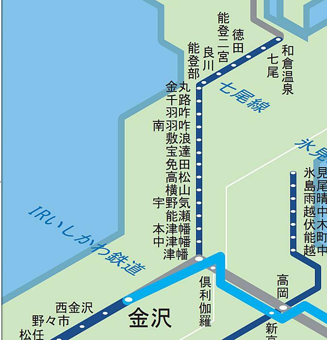 JR西日本七尾線の路線図。2024年1月25日現在、津幡駅-七尾駅間で列車の運転が再開されている。JR西日本「JRおでかけネット」より