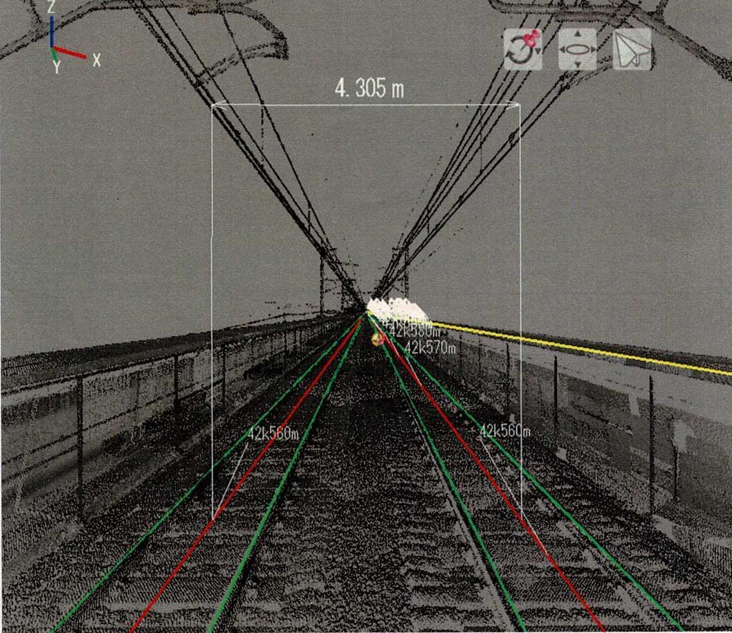 線路設備モニタリング車によって得られた点群データ画像。軌道に限らず、架線や架線を支える電柱も写り込んでいる。画像提供：JR東日本