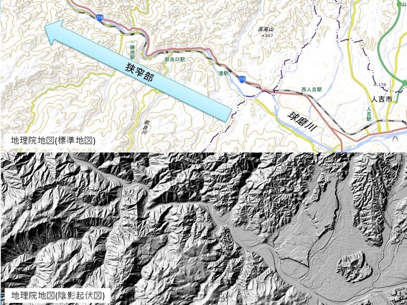 図2　球磨川の狭窄部　地理院地図を用いて筆者作成