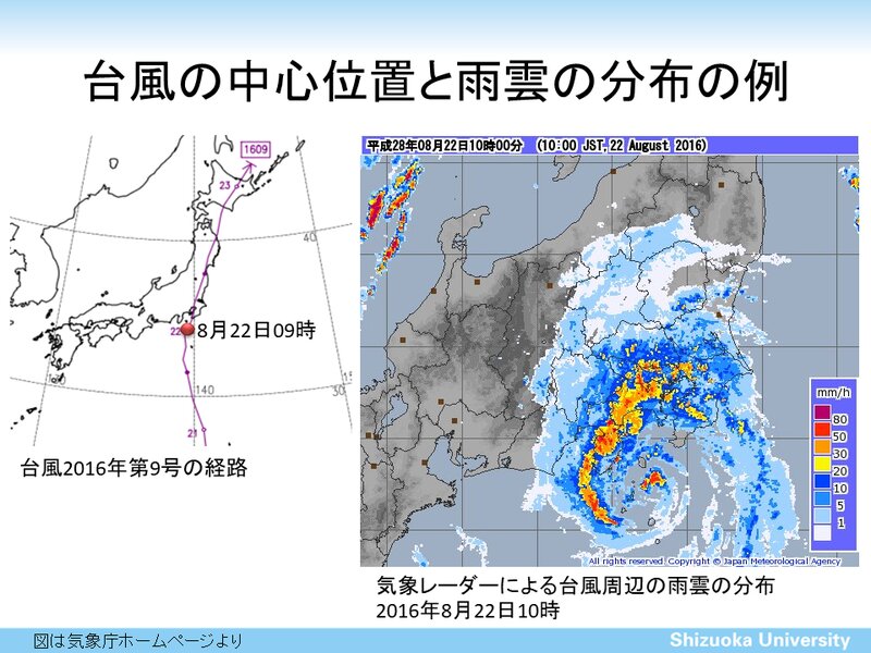 図1　台風の中心位置と雨雲の分布の例．図は気象庁ホームページより引用し，筆者が加筆．