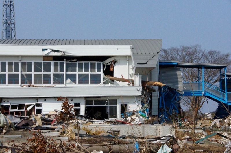仙台市荒浜小学校（筆者撮影：体育館の２階の窓に松の木が突き刺さっている）
