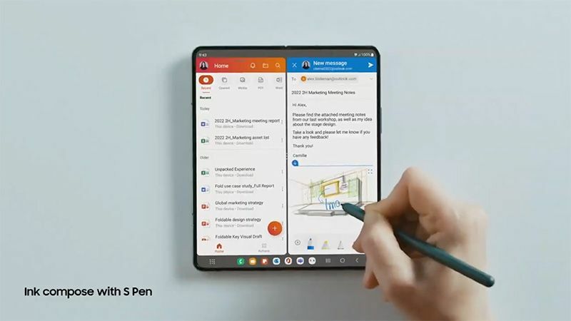 Z Fold4に対応した別売のSペンで、手書き入力が可能（発表会の動画より）