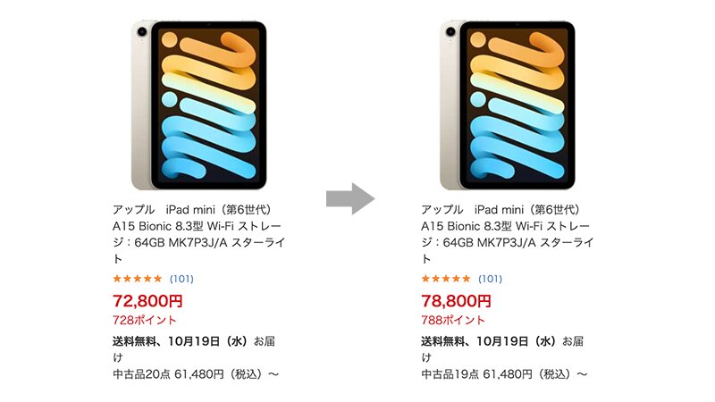 発表後にiPad miniも値上げされた（ビックカメラのWebサイトより、筆者作成）