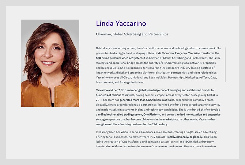 NBCユニバーサルによるリンダ・ヤッカリーノ氏の紹介。現在は退社しており、ページは削除されている（NBCユニバーサルのWebサイトアーカイブより）