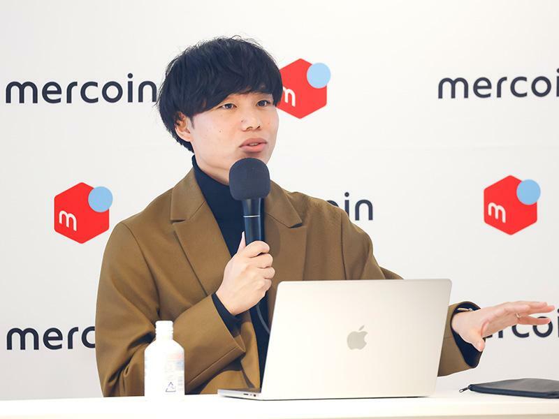 ビットコイン決済について説明するメルコイン代表取締役CEOの中村奎太氏（メルカリ提供資料より）