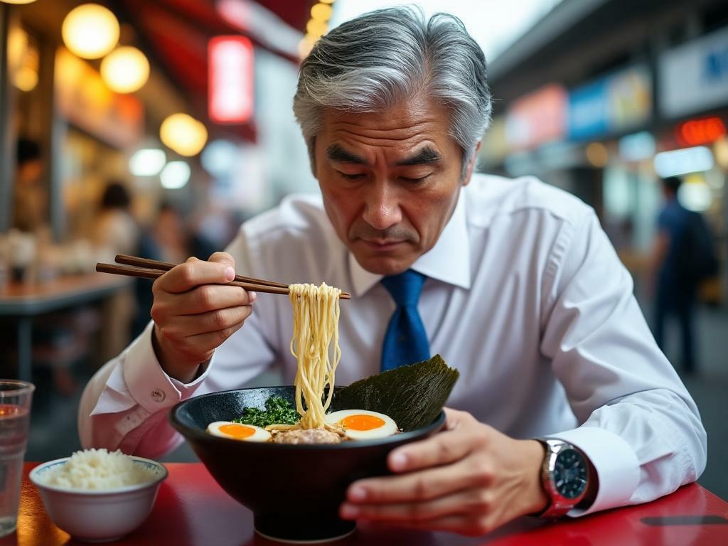 画像生成AIが苦手とされる「ラーメンを食べる人」の画像（Grokを用いて筆者作成）