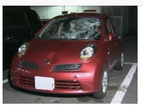 2016年4月、スマホのながら運転で前方にいた20歳の竹田ひとみさんをはね、フロントガラスが大破した加害者の車（遺族提供）