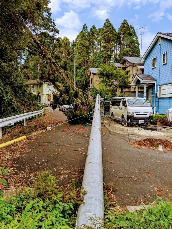 台風から16日後、電信柱が住宅街に倒れた状態のまま残されていた。もちろんこの時点では停電が続いている（9月24日、筆者撮影）