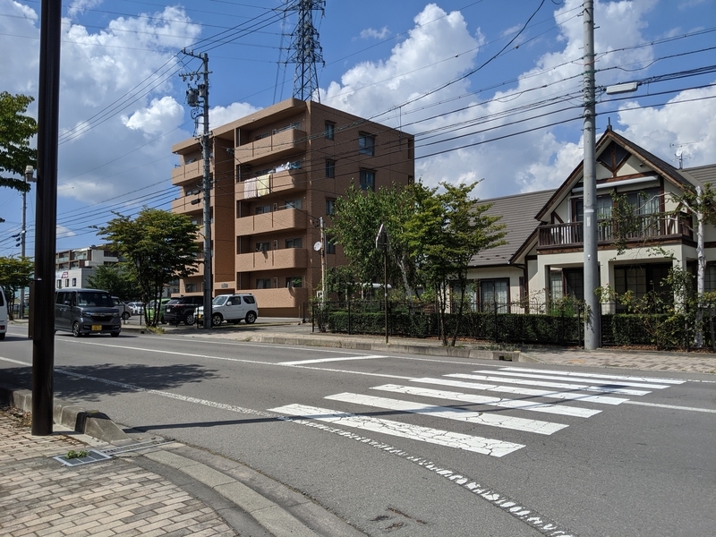 現場交差点。樹生さんは自宅マンション（写真中央）に帰宅するためこの横断歩道を半分まで横断中、酒気帯び運転の車に撥ねられ、マンション前の歩道まで約50メートル飛ばされた（筆者撮影）