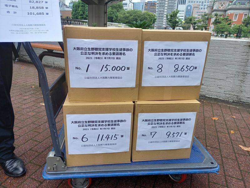 7月7日、大阪地裁に提出された10万1685筆の署名用紙（井出さん提供）