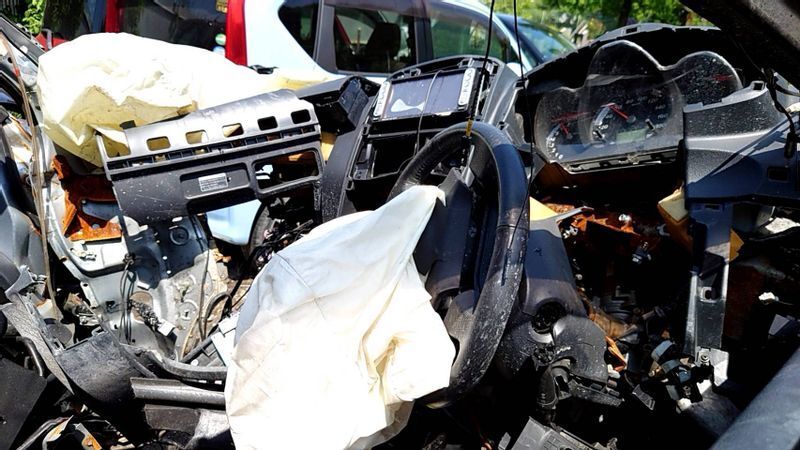 エアバッグが展開し、車内がむき出しになった事故車(遺族提供)