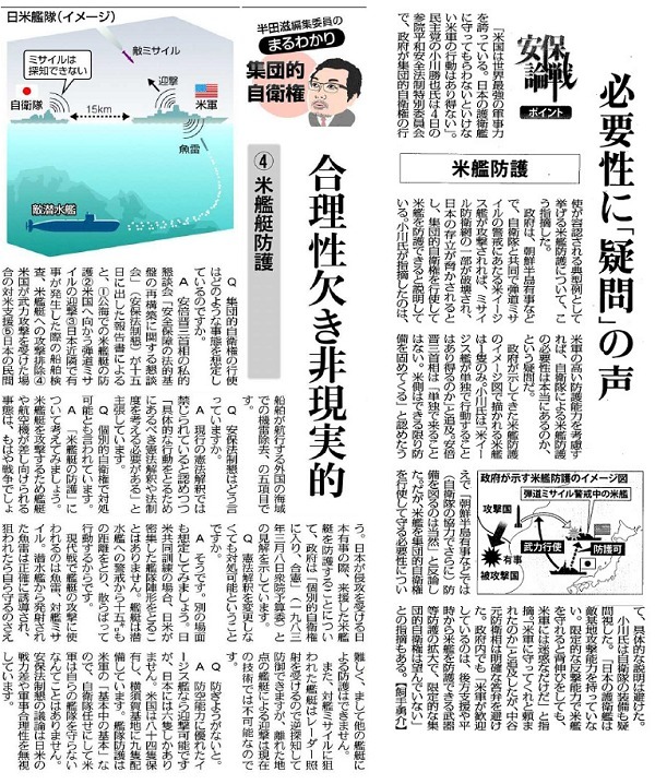 自衛隊による米艦防護の現実的可能性を疑問視する東京新聞2014年5月20日付朝刊（左）と毎日新聞2015年8月5日付朝刊
