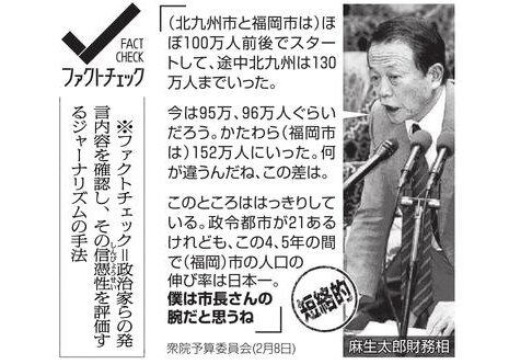 朝日新聞2017年2月21日付朝刊。事実関係の言明ではない「意見」を論評しただけで、ファクトチェックとして不適切な事例。