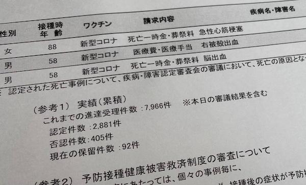 厚労省の公表資料（筆者撮影）。受理件数、認定件数の総数は記されているが、死亡事案の件数は示されていない。取材にも答えない姿勢を示しており、現在、情報開示請求手続きをとっている。