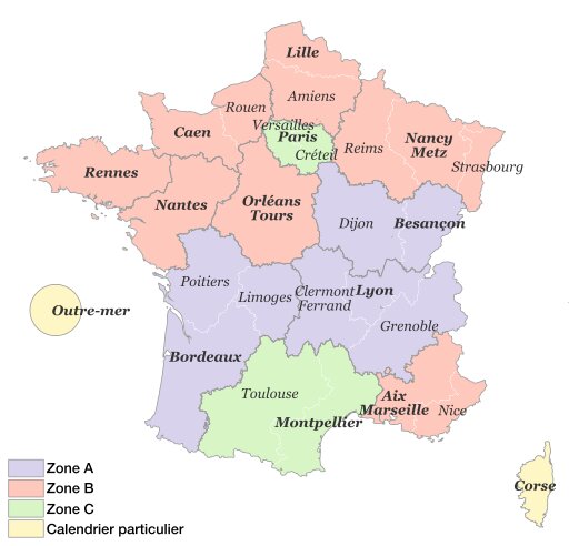 2015年度のフランスのゾーン区分（By Chabe01 (Own work) [CC BY-SA 4.0], https://commons.wikimedia.org/wiki/File%3AZones_vacances_France_2016.svg）