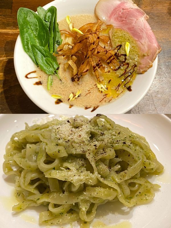 現在『拉麺 はま家』で提供中の「牡蠣とあさりオイルの牡蠣豚骨そば」。和え玉で味が変化する。