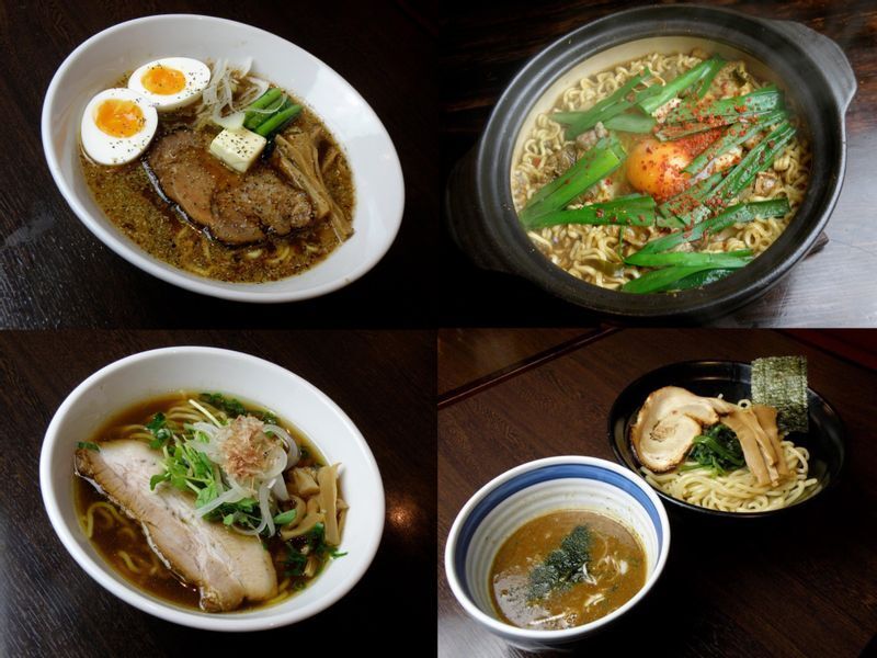 『拉麺阿修羅』(左上)『おはこ』(右上)『麺処ゆきち』(左下)『麺屋あらき竈の番人外伝』(右下)。