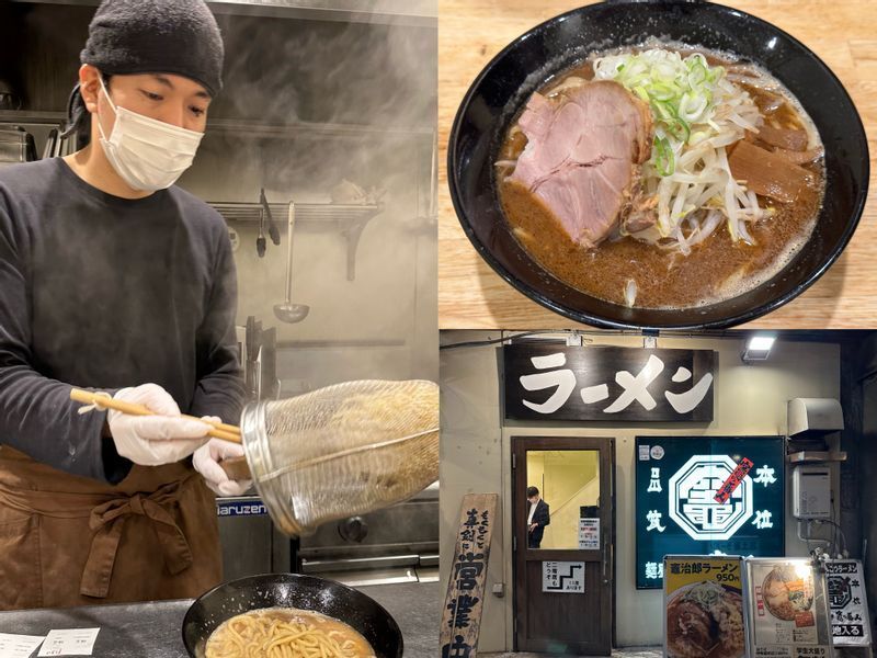 『麺屋あらき 竈の番人』（船橋市）店主の荒木康勝さんと、豚骨魚介風味の船橋ソースラーメン。