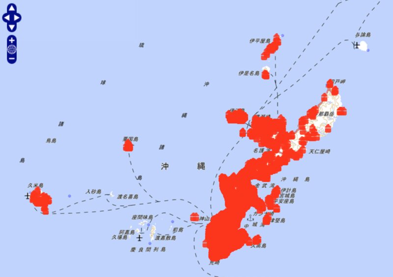 沖縄本島周辺で処理された発見弾のマッピング（沖縄総合事務局、不発弾等事前調査データベースシステムより）