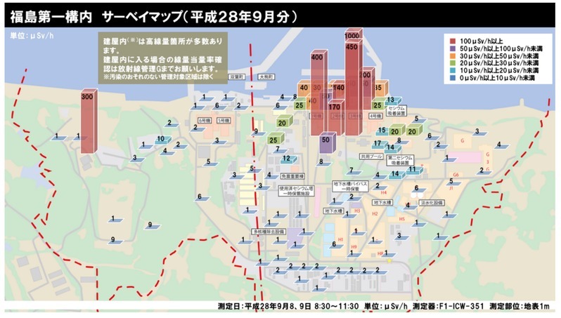 福島第一原発構内放射線量マップ　単位はマイクロシーベルト毎時