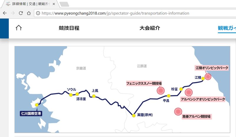 大会公式サイトより。大会公式サイトより　https://www.pyeongchang2018.com/jp/spectator-guide/transportation-information