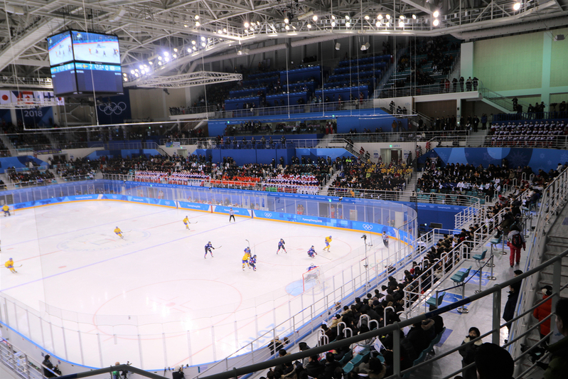 グループリーグ第2戦 コリアースウェーデン戦会場。写真ではスタンド中央、右上に北朝鮮応援団が陣取っている