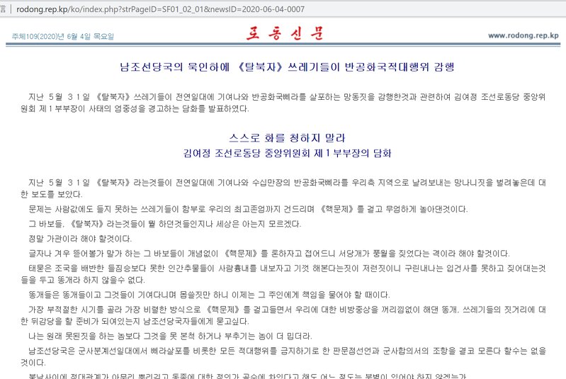 北朝鮮の対外宣伝用サイト「我々の民族同士」内の「労働新聞」コーナーよりキャプチャ。