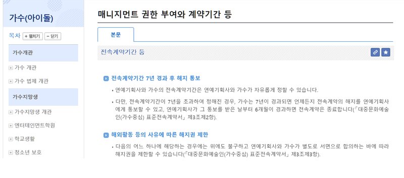 韓国政府系の法律紹介サイトに掲載されている「マネジメントに関する付与と契約期間など」の関連法。