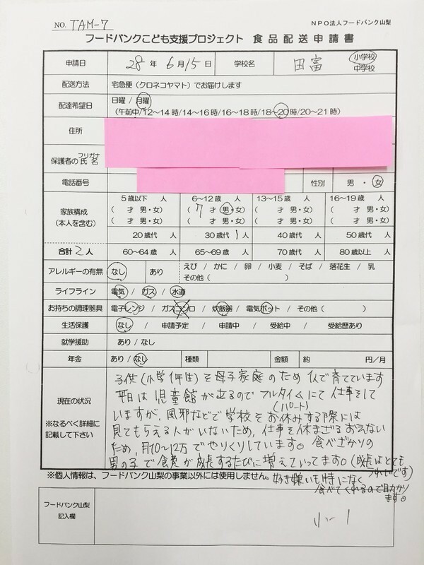 紀子さんが申し込んだ「食品配送申請書」（フードバンク山梨提供）
