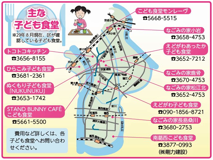 東京都江戸川区のこども食堂マップ。「主な子ども食堂」として12カ所を掲載（区HPより許可を得て掲載）