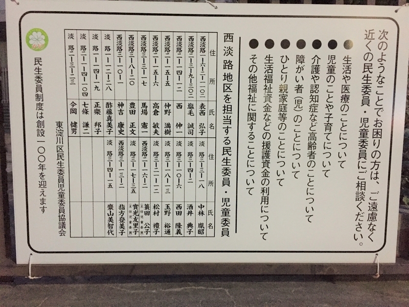 旧西淡路小学校の正門脇には、今でも民生委員の一覧を載せたプレートが掲げられている。表西さんの名前もその中にある