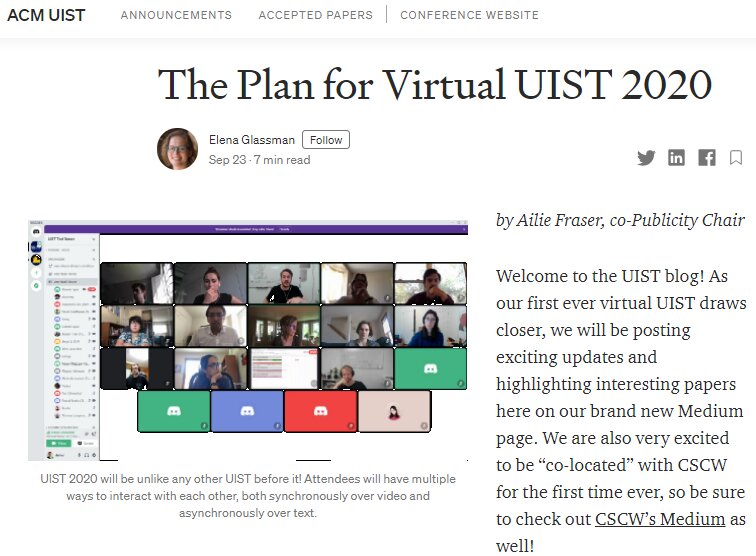 UIST2020のブログ（https://medium.com/acm-uist/the-plan-for-virtual-uist-2020-15a35a6818b4）