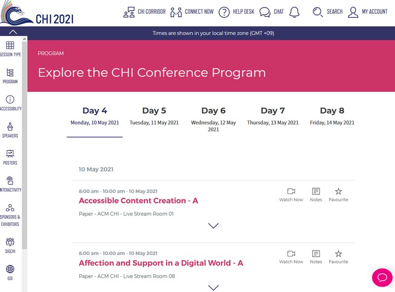 CHI2021のVirtual Conference Platformにログインした様子。（画像：著者がキャプチャしたもの）
